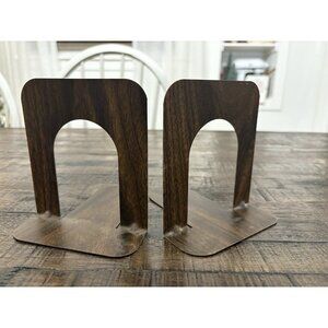 Vintage MCM Industrial Bookends Pair Metal with woodgrain